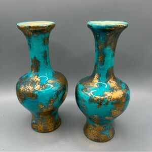 LONGWY FRANCE ART DECO POTTERY Blue Gold GLAZE Lot Of 2 Vases